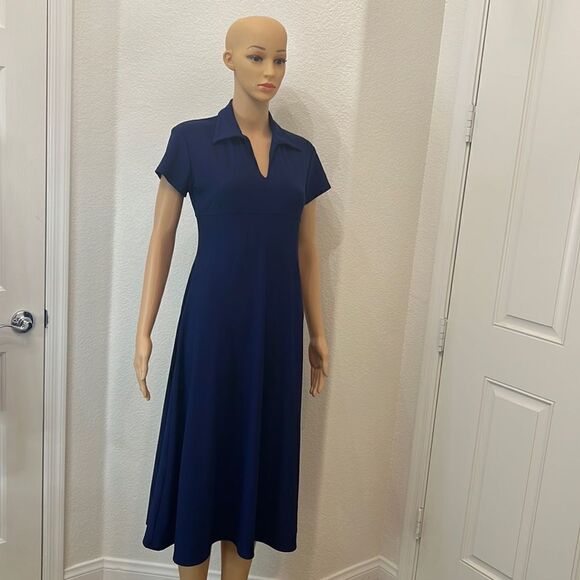Express Dress Size Small Notch Collar Short Sleeve Midi Navy Royal Blue Flare - Picture 1 of 10